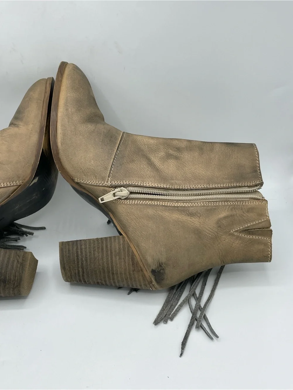 Diba True Jilly Ann Fringe Leather Ankle Boots in Taupe/Tan.
